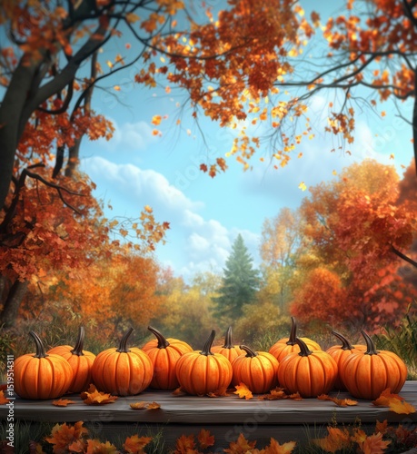 Vibrant autumn scene with pumpkins on wooden table surrounded by colorful foliage