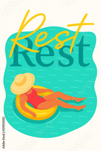vector illustration of a woman relaxing on a yellow inflatable float in a turquoise swimming pool.