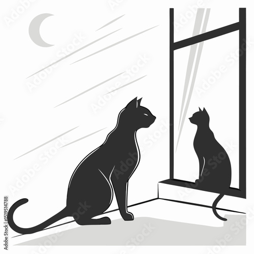 Silhouette of cat looking out window at night with moon and reflection