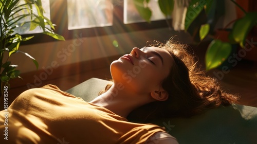 A woman relaxes peacefully on the floor with sunlight streaming through leaves, creating a serene and warm atmosphere.