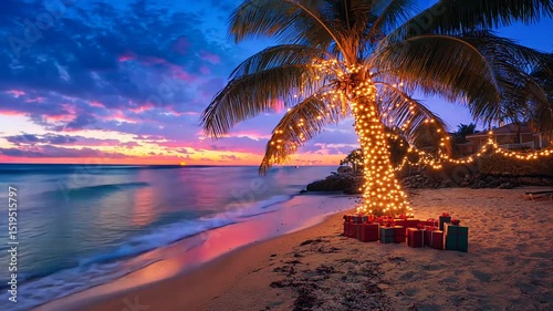 Christmas decorated palm tree beach sunset