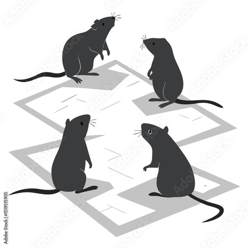 Stylized group of dark gray rats or mice standing on maze