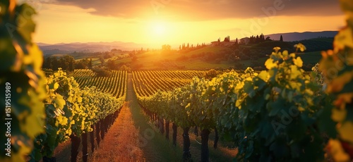 Fototapeta Naklejka Na Ścianę i Meble -  Stunning sunset over vineyard landscape with rows of grapevines and rolling hills
