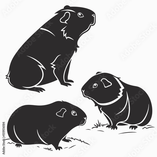 Three black guinea pig silhouette vector graphic illustration isolated on white