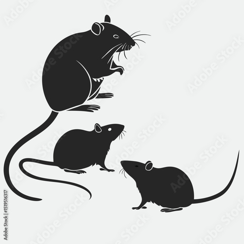 Three black rats silhouettes isolated on white background vector graphic illustration