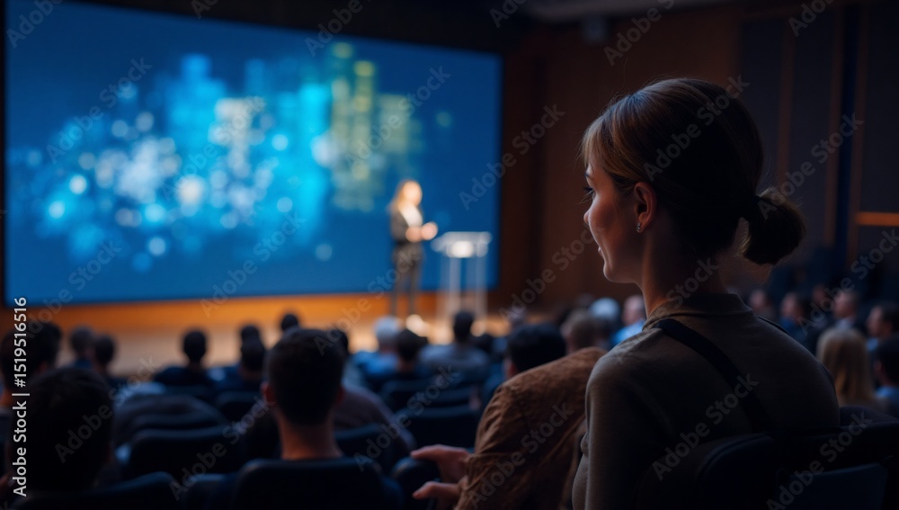 Fototapeta premium Woman attending a business presentation or conference in a large hall