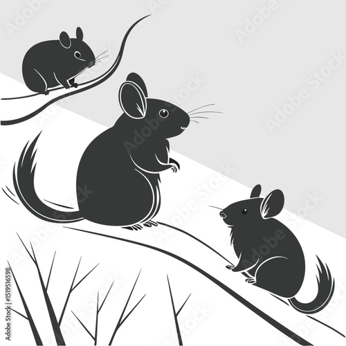 Three cartoon mice on tree branches in minimalist black and white style