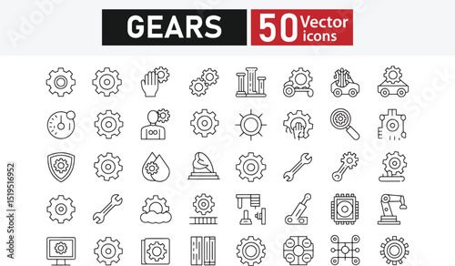 Collection of 50 line icons related to gears, cogwheels, engines, mechanics, settings, repairs, and mechanisms. Vector illustration