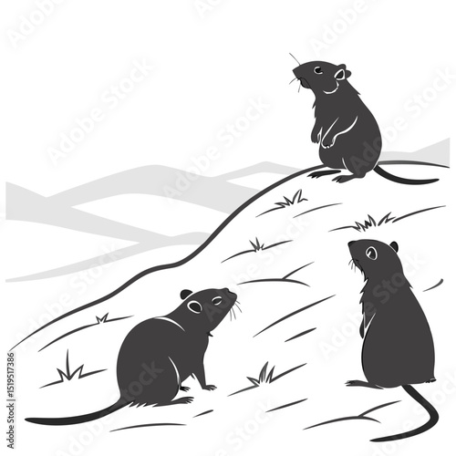 Three rats silhouette illustration on a hill with simple landscape background