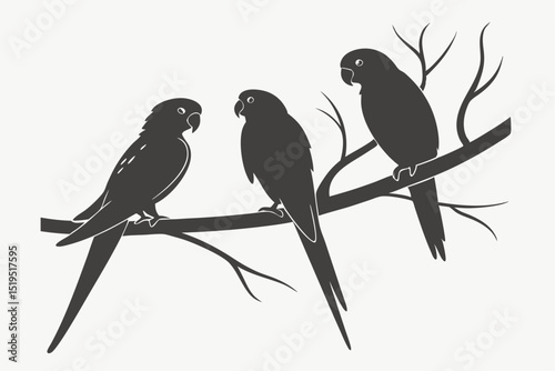 Three silhouetted lovebirds perched on a branch vector illustration minimalist design