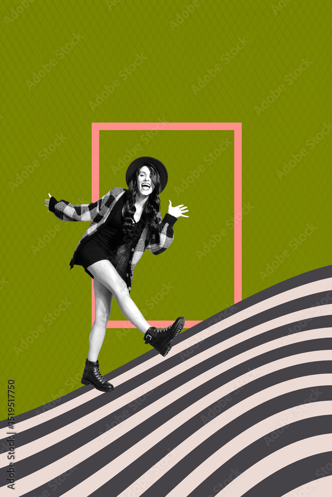 Obraz premium Composite sketch design artwork 3D photo collage of line zebra copyspace young lady smile hipster style outfit smile dance wear hat