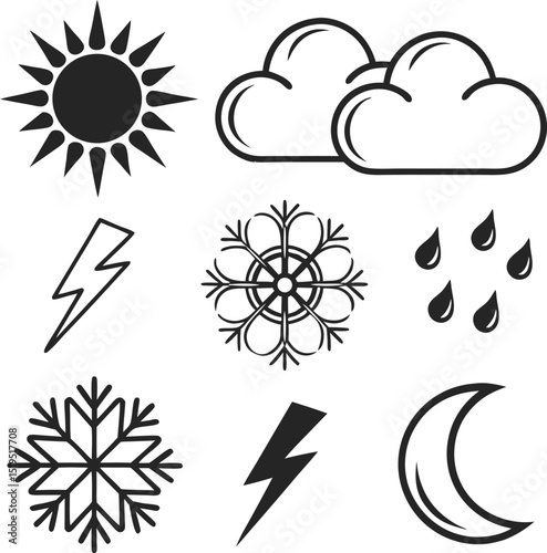 Colorful weather icon set with sun, cloud, rain, and snow symbols for forecasting climate and seasonal changes
