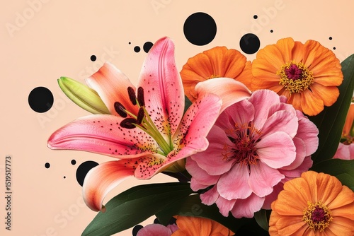 Vibrant bouquet of flowers with abstract circles.