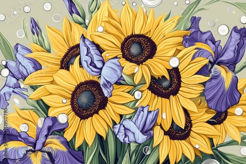 Detailed illustration of sunflowers and irises.
