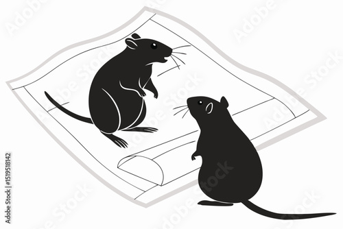 Two black rat rodents exploring architectural blueprint plans in monochrome style