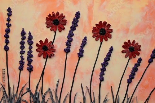 Field of flowers with lavender and orange tones.