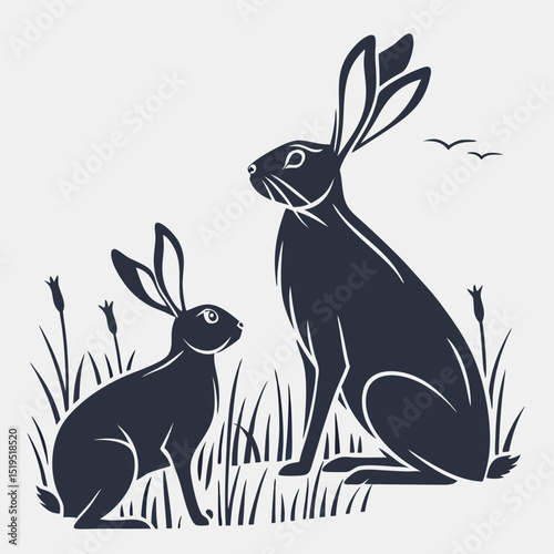 Two hares silhouette in a meadow with birds flying above them vector