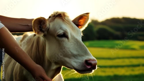 Cow petting rural scene