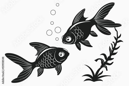 Two goldfish in a black and white design with bubbles and plants