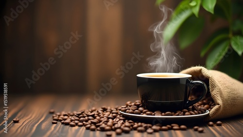 cup of coffee with beans in a wooden table