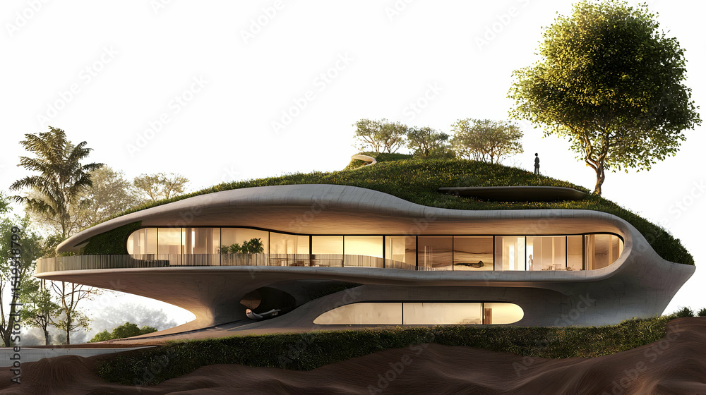 Naklejka premium Modern Concrete House With Green Roof And Lush Landscaping