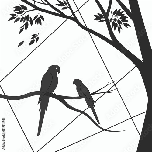 Two parrots silhouette on tree branch geometric background illustration art