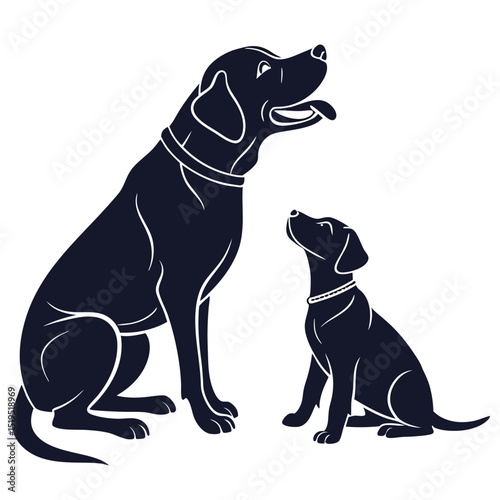 Vector illustration of a seated labrador retriever and puppy on white