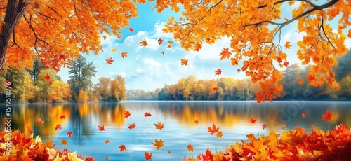 Stunning autumn landscape with vibrant orange leaves reflecting on tranquil lake