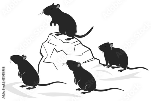 Vector illustration of four black rats one on a rock formation