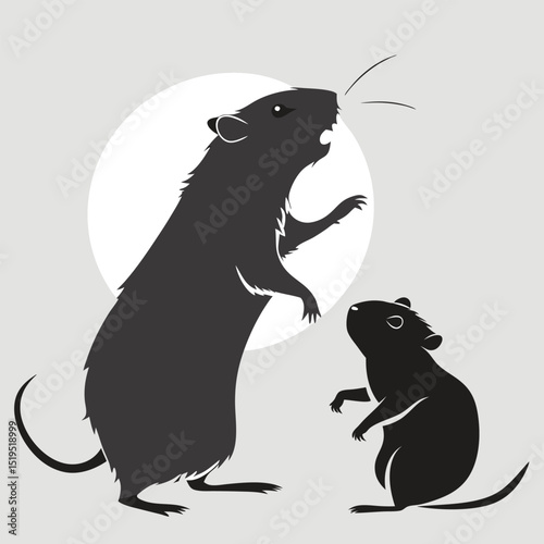 Vector illustration of two rats silhouettes with moon on gray background