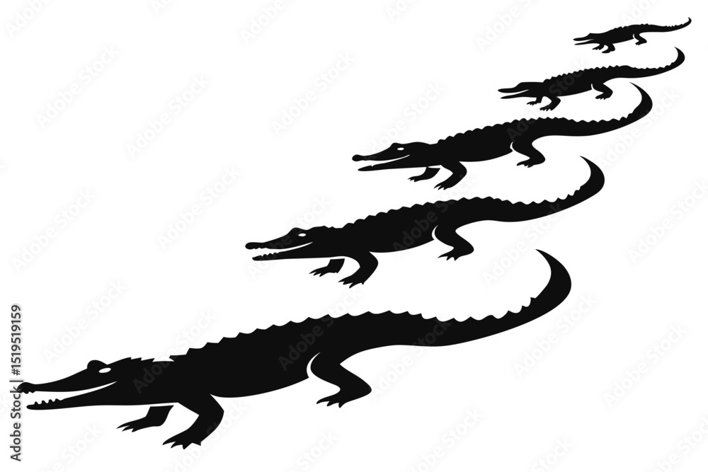 Fototapeta premium Alligator family walking silhouettes black and white vector illustration reptile wildlife