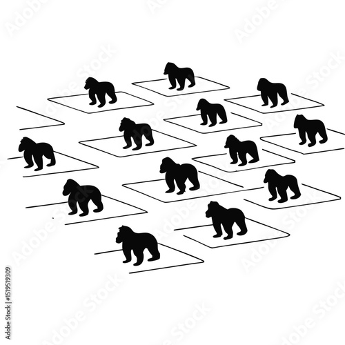 Array of black gorilla silhouettes on square platforms in minimalistic style