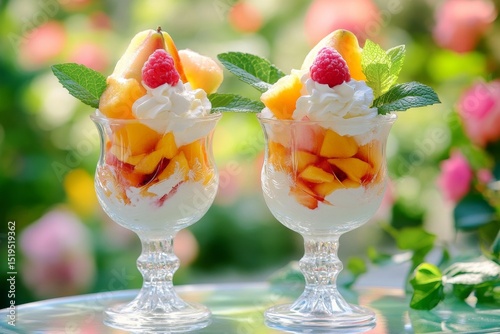 Two glasses of dessert with peaches, pears, raspberries, and whipped cream. photo