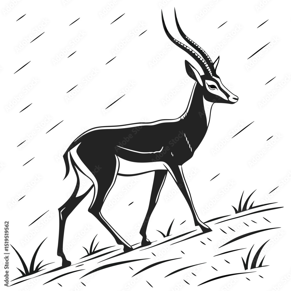 Black and white illustration of sable antelope gazing across the african plains