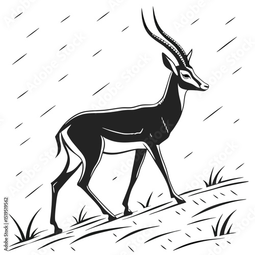 Black and white illustration of sable antelope gazing across the african plains