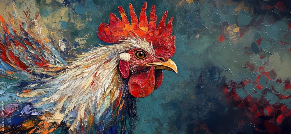 Fototapeta premium Vibrant Rooster Portrait with Colorful Feathers and Textured Background