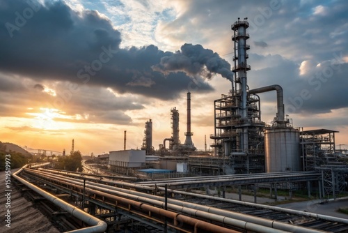 Close up Industrial view at oil refinery plant form industry zone with sunrise and cloudy sky. Generative Ai