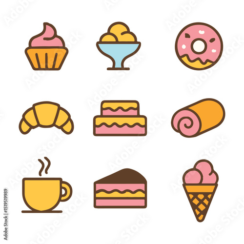 Sweet Dessert and Bakery Icon Set Vector Illustration
