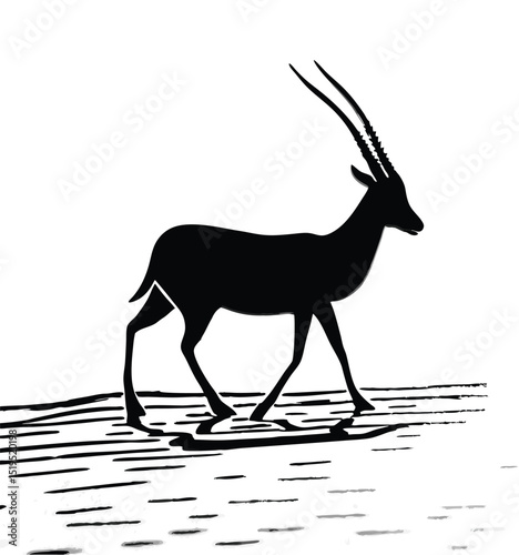 Black silhouette of an elegant antelope walking across a flat plain illustration