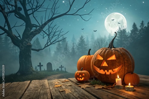 Halloween background with pumpkins and haunted house  Halloween background with Evil Pumpkin. Spooky scary dark Night forrest. Holiday event halloween banner background concept photo