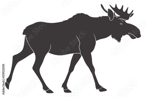 Dark silhouette of a moose walking elegantly against a plain background