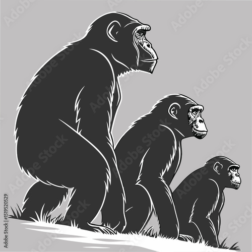 Chimpanzee family group illustration three primates sitting together side view