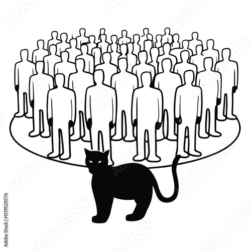 Crowd of people with black cat silhouette isolated on white background