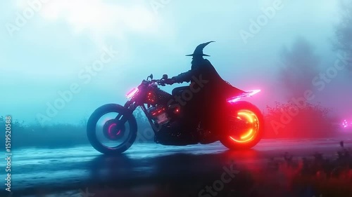 A mysterious figure in a witch's hat rides a neon motorcycle through a foggy landscape at dusk