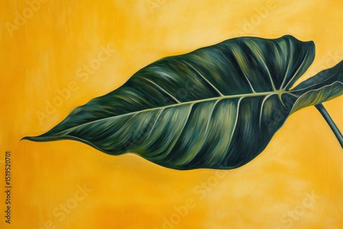 Vibrant green leaf on a mustard yellow background.