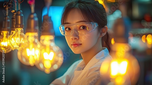 Asian female scientist in protective lab gear working with equipment, representing research and innovation.A row of colorful hanging light bulbs glowing softly against a blurred background, creating 