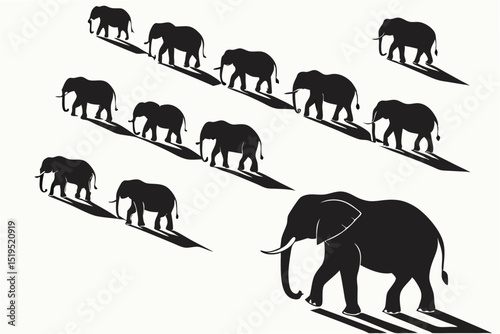 Elephant herd silhouette walking single file artistic black and white illustration