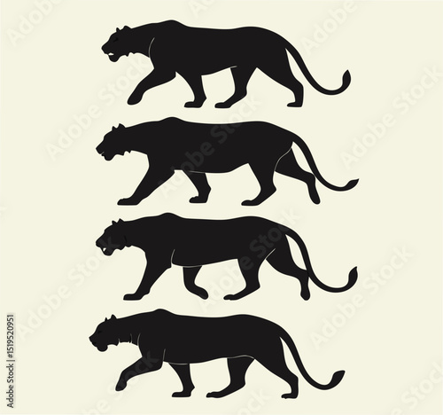 Four silhouette black panthers walking isolated against a cream colored background