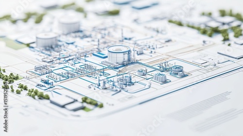 Detailed layout of an industrial facility showcasing pipelines and storage tanks