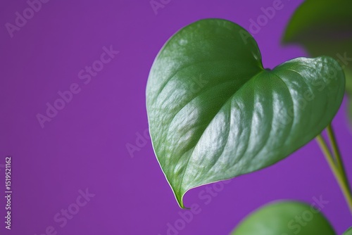 Close-up of a heart-shaped plant leaf against a vibrant purple background.